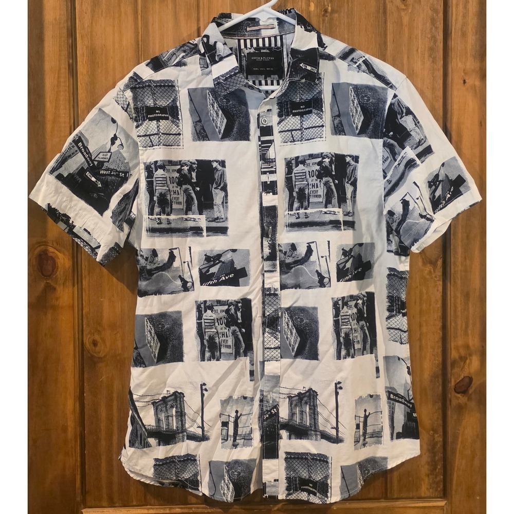 Denim & Flower Shirt Mens L White Black Excellent NYC Photo Print Button Down